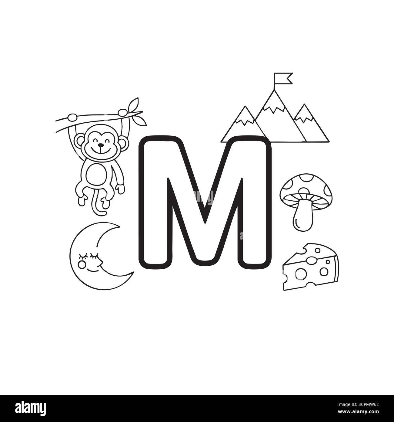 Ausmalseite mit Buchstabe M mit Monkey Moon Bergpilz und Käse für Kinder Stock Vektor