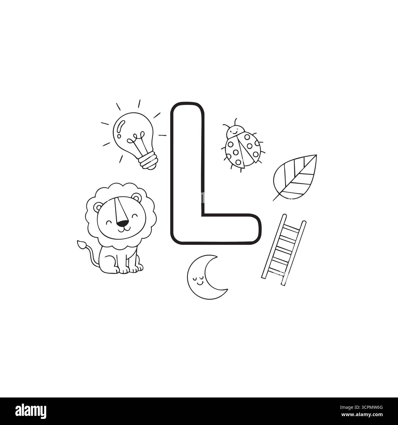 Ausmalseite mit Buchstaben L für Kinder mit niedlichen Gegenständen Stock Vektor