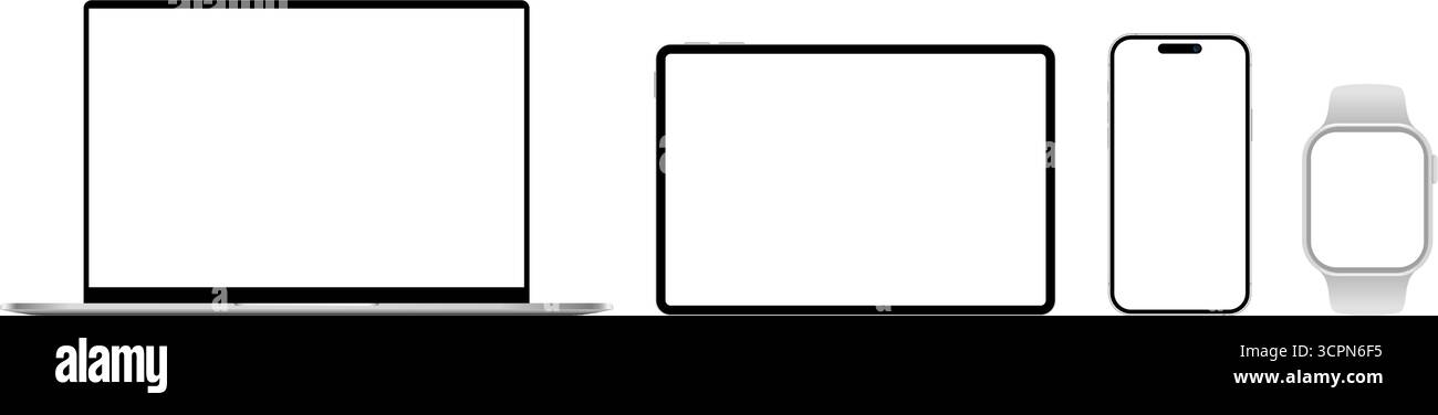 Realistisches Mockup-Set für Mobiltelefone, Laptops, Tablet-pcs und Smart Watch-Geräte mit leerem Bildschirm. Vektorabbildung Stock Vektor