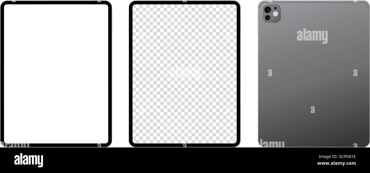 Realistisches Design für Tablet-pcs mit leerem Bildschirm in Vorder- und Hinterwinkel. Vektorabbildung Stock Vektor