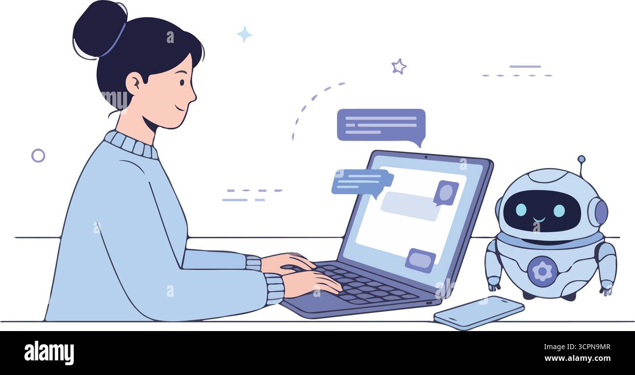 Charakter arbeitet als Prompt-Ingenieur und löst Arbeitsaufgaben mit generativem KI-Modell und Chat-Bot. Künstliche Intelligenz im Unternehmenskonzept. Vektor krank Stock Vektor