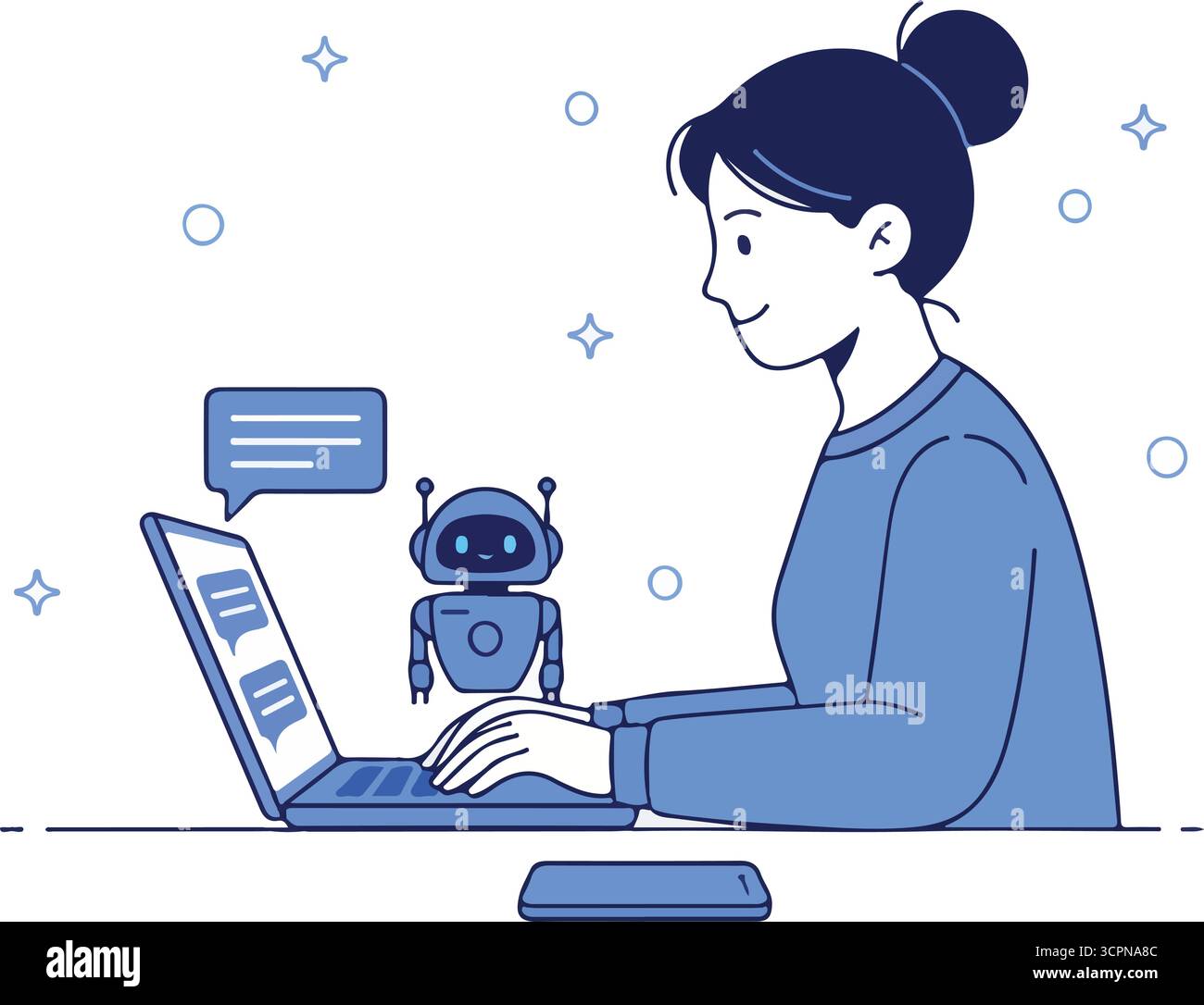 Suchkonzept. Charakter mit Hilfe künstlicher Intelligenz generierender Werkzeuge für die Suche oder das Surfen im Internet. Frau, die sich mit dem Roboter integriert. SEO-Konzept Stock Vektor