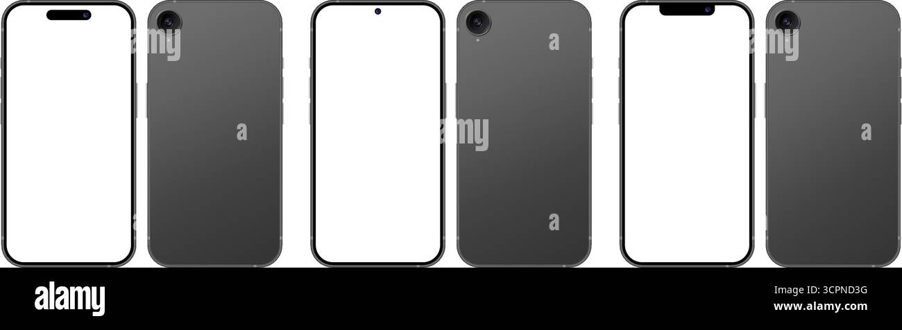 Mobiltelefone mit leerem Display, Modellsammlung für Vorder- und Hinterwinkel. Smartphone-Vorlage in schwarzem Rahmen, Vektorillustration Stock Vektor