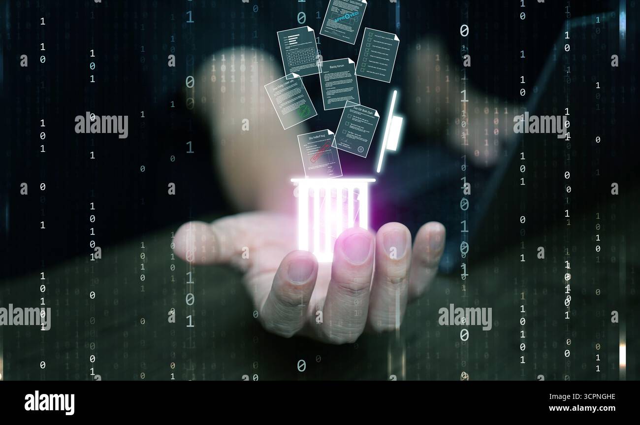 Futuristisches Konzept der Löschung digitaler Dokumente mit binärem Code Hintergrund, das Dateibereinigung, sichere Speicherung, Verschlüsselung und innovative Daten symbolisiert Stockfoto
