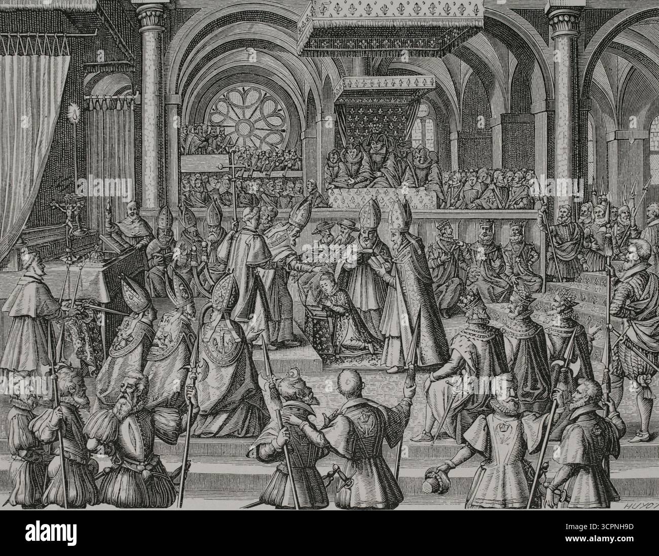 Louis XIII. „Der gerechte“ (1601-1643). König von Frankreich und Navarra (1610–1643). Krönungszeremonie Ludwigs XIII. Im Dom von Reims am 17. Oktober 1610. Kupferstich von Huyot nach einer Zeichnung von Francois Quesnel (ca. 1543-1619), Kupferstich von Thomas de Leu (ca. 1555-c.) Nr. 1612). XVIIme siècle: lettres, Sciences et Arts, Frankreich 1590-1700 (17. Jahrhundert: Briefe, Wissenschaften und Künste), von Paul Lacroix. Veröffentlicht in Paris von Librairie de Firmin-Didot et Cie, 1882. Stockfoto