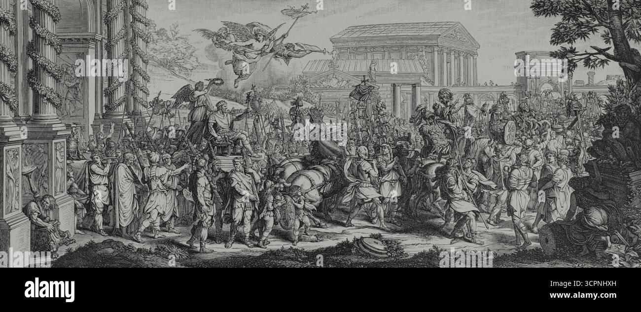 Der Triumph Konstantins über Maxentius. Sie fand am 28. Oktober 312 in der Schlacht an der Milvischen Brücke, einer der Brücken über den Tiber in Rom, statt. Konstantin I. der große (272–337) verunglückte und besiegte die Armee von Maxentius (276–312). Stich von Huyot nach einer Illustration von Charles Le Brun (1619–1690), Stich von Gérard Audran (1640–1703) im Jahr 1666. XVIIme siècle: lettres, Sciences et Arts, Frankreich 1590-1700 (17. Jahrhundert: Briefe, Wissenschaften und Künste), von Paul Lacroix. Veröffentlicht in Paris von Librairie de Firmin-Didot et Cie, 1882. Stockfoto