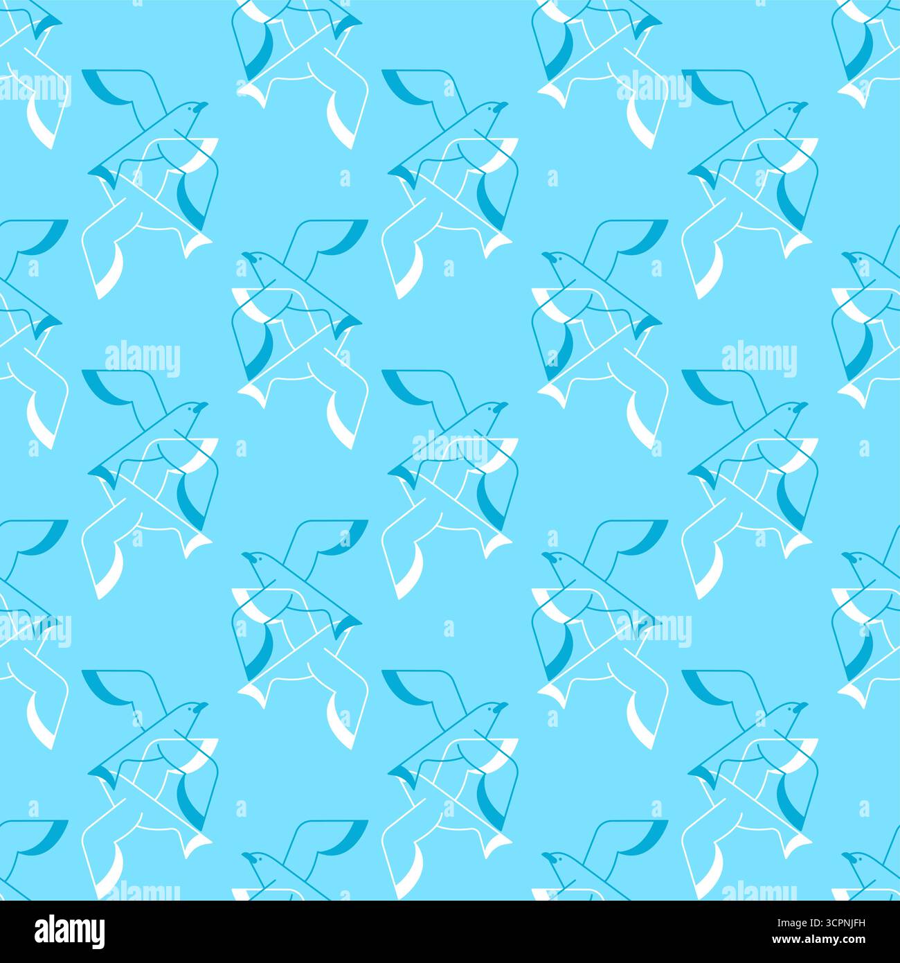 Nahtloses Muster mit fliegenden Möwen auf blauem Hintergrund, symbolisiert Freiheit, Meer, Natur und minimales Design an der Küste. Stock Vektor