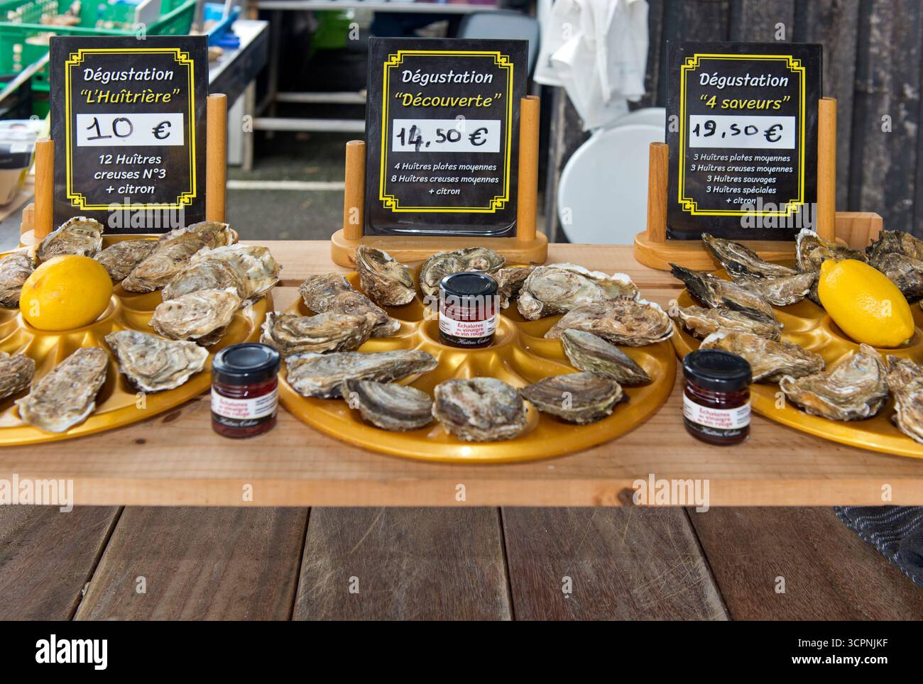 Auswahl an Austern zur Verkostung an einem Verkaufsstand mit Austern und anderen Meeresfrüchten in Cancale, Bretagne, Frankreich Stockfoto
