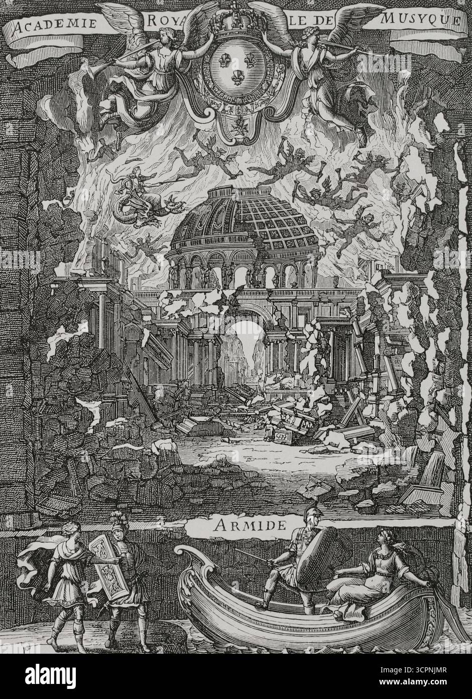 Armide, 1686. Musikalische Tragödie in einem Prolog und fünf Akten. Musik des französischen Komponisten Jean-Baptiste Lully (1632–1687). Das Libretto von Philippe Quinault (1635–1688) basiert auf dem epischen Gedicht Gerusalemme liberata von Torquato Tasso (1544–1595). Die Uraufführung fand am 15. Februar 1686 in der Académie royale de musique (Théâtre du Palais-Royal) in Paris statt. Illustration für das Frontstück des Spiels. Zeichnung von Jean Bérain (1640-1711), Stich von Jean Dolivar (1641-1692). Veröffentlicht in Paris, chez Christophe Ballard, 1686. XVIIme siècle: lettres, Sciences et Arts, Frankreich 1590-1700 (17 Stockfoto