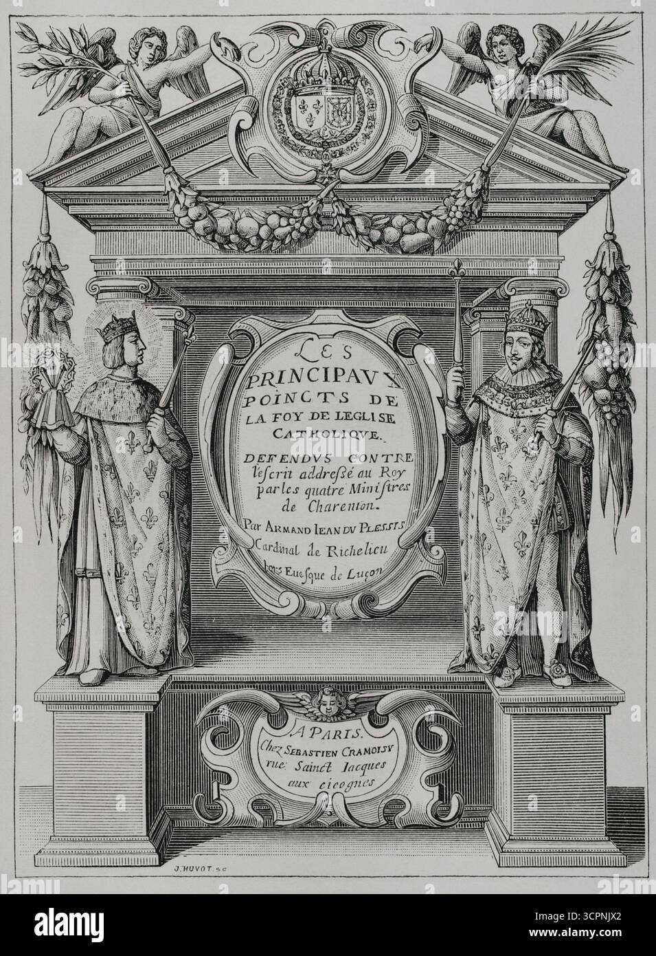 "Les Principaux poincts de la Foi de l'Eglise catholique. Défendus contre l'écrit adressé au ROI par les quatre ministres de Charenton', byr Armand Jean du Plessis (1585-1642), Kardinal Richelieu. Kupferstich von Huyot nach der Illustration für das Frontispiece des Werkes, eingraviert von J. Picart. Veröffentlicht in Paris, chez Sébastien Cramoisy, 1629. XVIIme siècle: lettres, Sciences et Arts, Frankreich 1590-1700 (17. Jahrhundert: Briefe, Wissenschaften und Künste), von Paul Lacroix. Veröffentlicht in Paris von Librairie de Firmin-Didot et Cie, 1882. Stockfoto