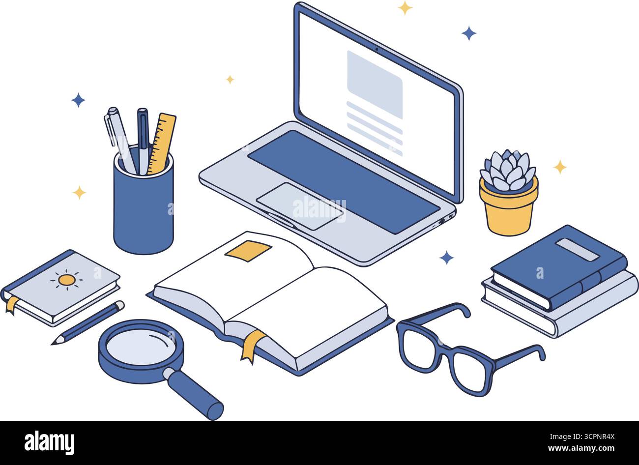 Niedlicher Mädchenschreibtisch mit Laptop, Büchern, Notizen, Aufklebern. Trendige Y2K-Vorlage für Hintergrund, Banner, Poster im Retro-Stil. Isometrischer Linienvektor Stock Vektor
