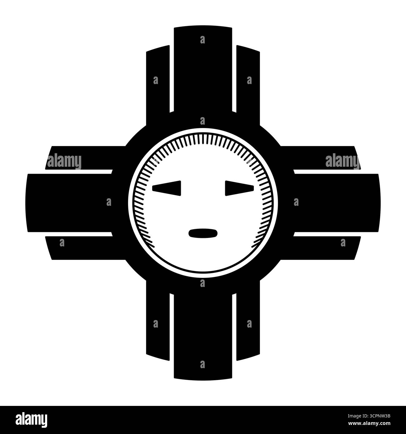 Original Zia Sun Symbol. Sonnenschild mit vier Sonnenstrahlen in jede Richtung. Vorlage für das Symbol auf der Flagge von New Mexico. Stockfoto
