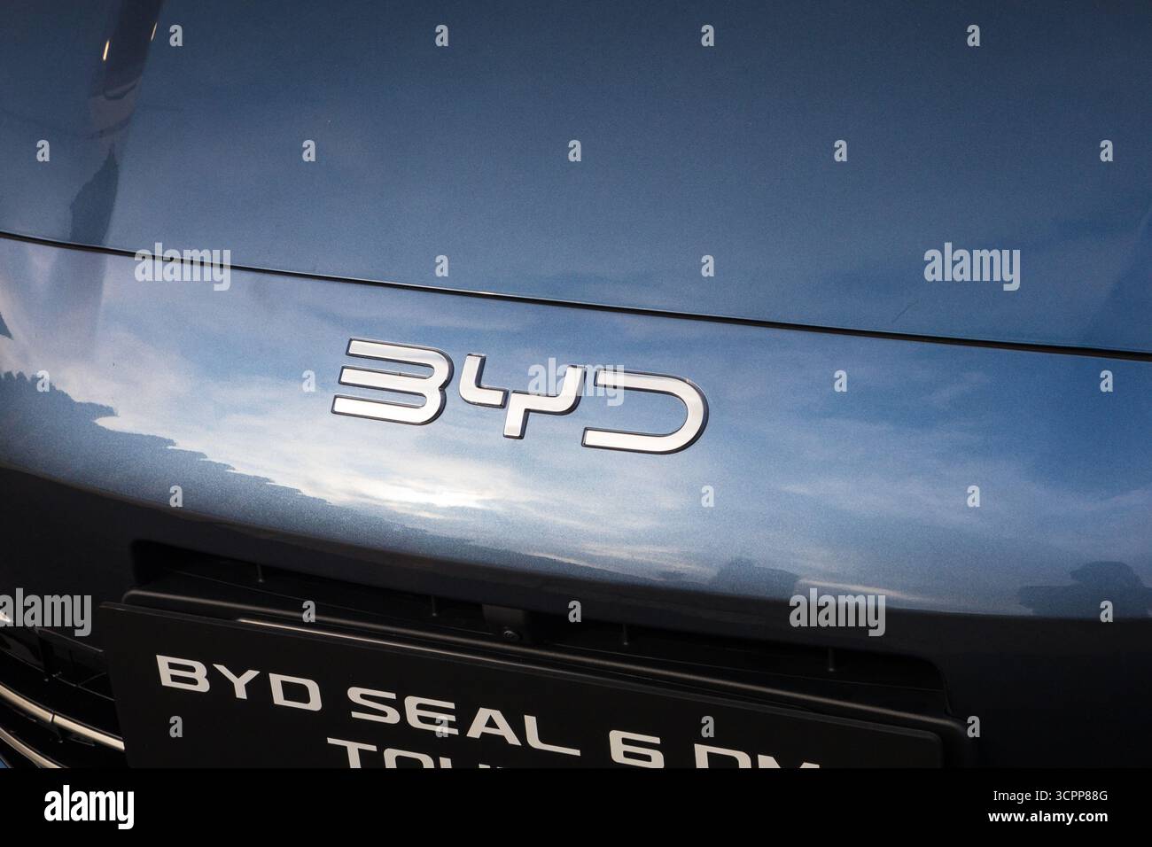 Turin, Italien. September 2025. Logo von BYD Car auf der Turin Car Show 2025 (Salone Auto Torino) Credit: Marco Destefanis/Alamy Live News Stockfoto