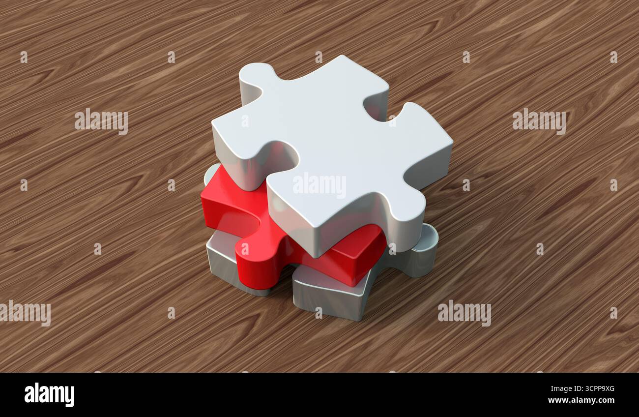 Ein Nahfoto von drei Puzzleteilen auf einer Holzoberfläche. Ideen in Bezug auf Geschäft, Strategie und Innovation. 3D-Rendering Stockfoto