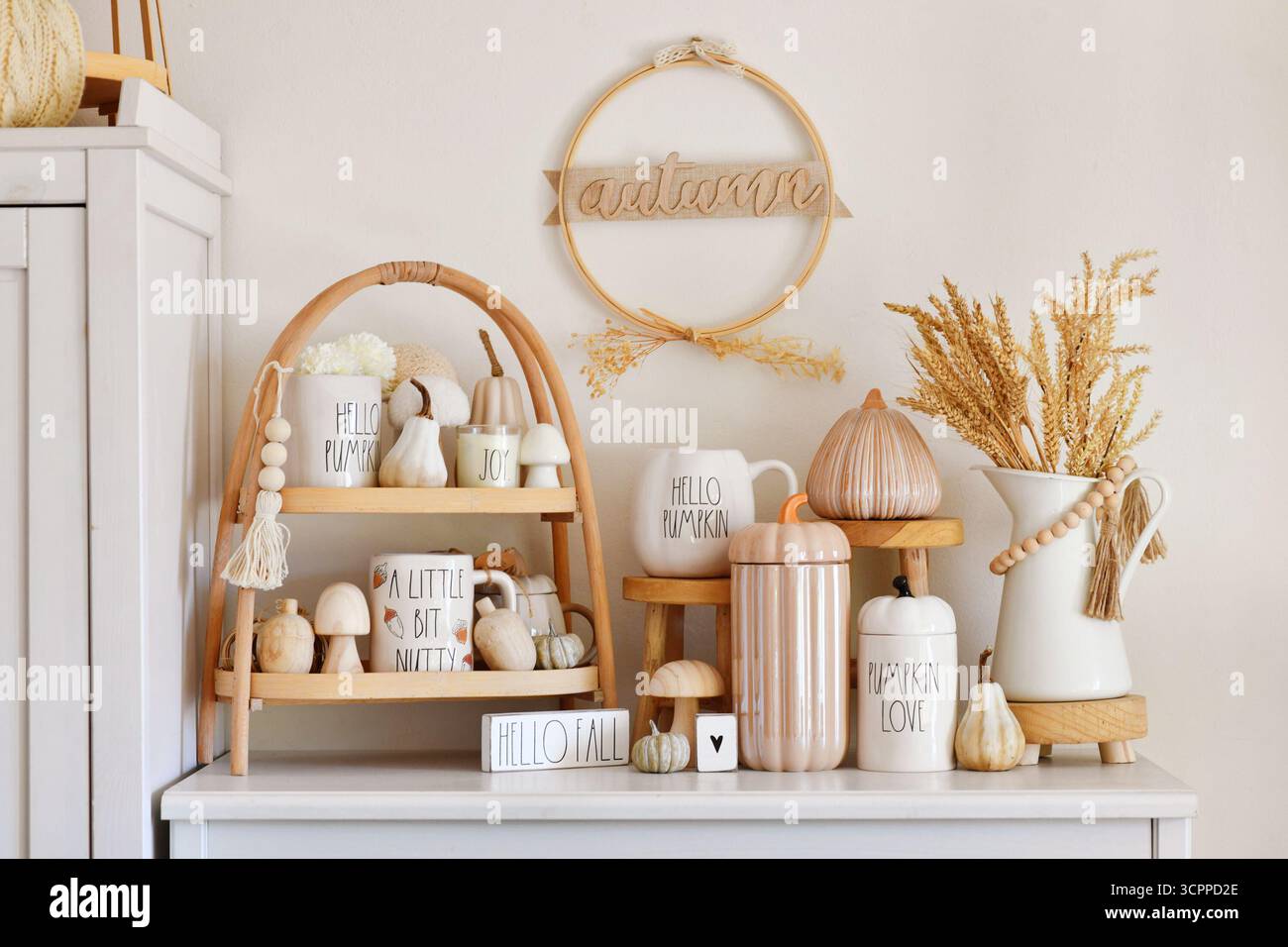 Deutschland - 27. September 2024: Herbstdekor im Boho-Stil mit Tassen mit Text, Kürbissen, Tassen und getrockneten Blumen Stockfoto