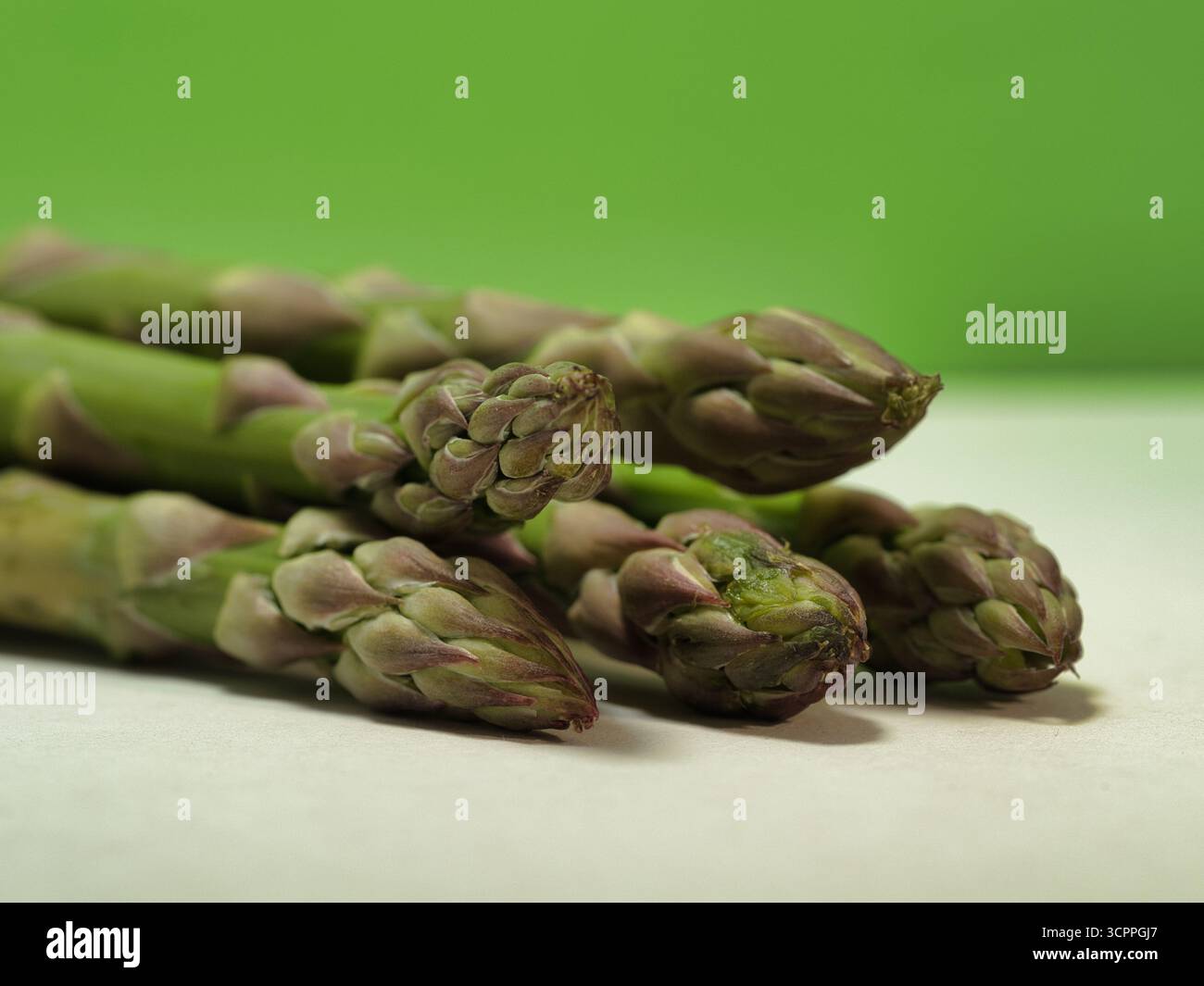 Fresh Green Spargelspitzen Nahaufnahme – Makroaufnahme von rohen grünen Spargelspitzen vor einem leuchtend kalkgrünen Hintergrund und weißer Oberfläche. Konzept für Stockfoto