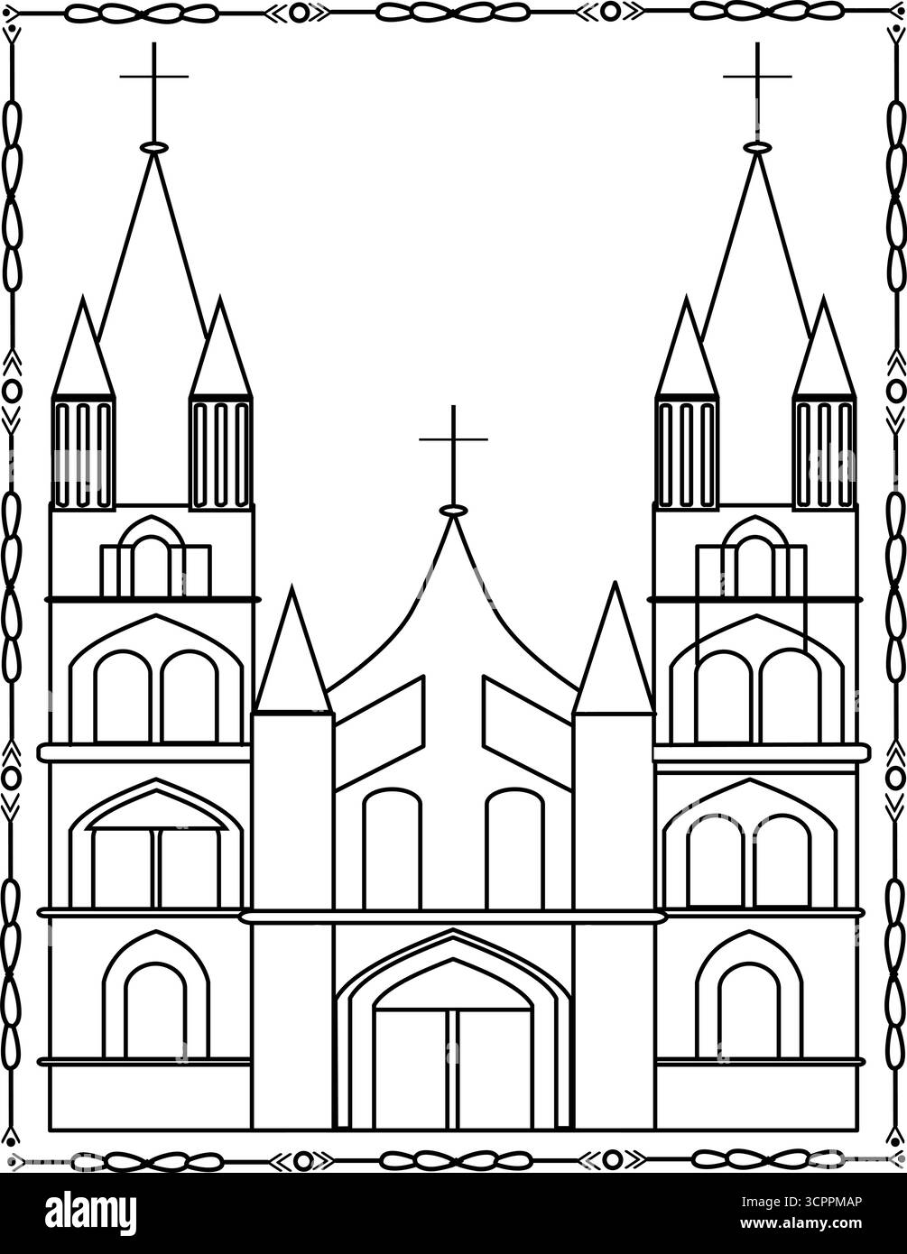 Christ Church Cathedral, eine entweihte Kirche in der Stadt Christchurch. Ausmalseite Für Kinder Und Erwachsene. Stock Vektor