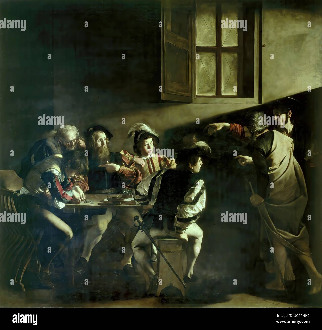 Caravaggio, die Berufung des heiligen Matthäus, 1599–1600, italienisches barockes Meisterwerk des Hell-Dunkel-Glaubens, Contarelli-Kapelle. Stock Vektor