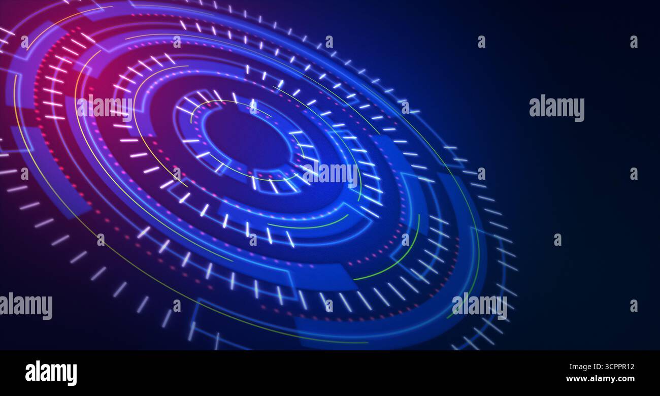 Holographische Technologie-Schnittstelle. Futuristisches kreisförmiges Design mit leuchtenden Linien. Geeignet für Tech-, Science-Fiction- oder digitale Designprojekte. Stockfoto