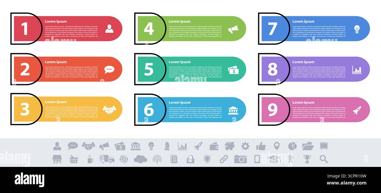 Infografik design Business Konzept Vector Illustration mit 9 Schritte und Optionen oder Prozesse, Arbeitsabläufe oder Schaltplan Stock Vektor