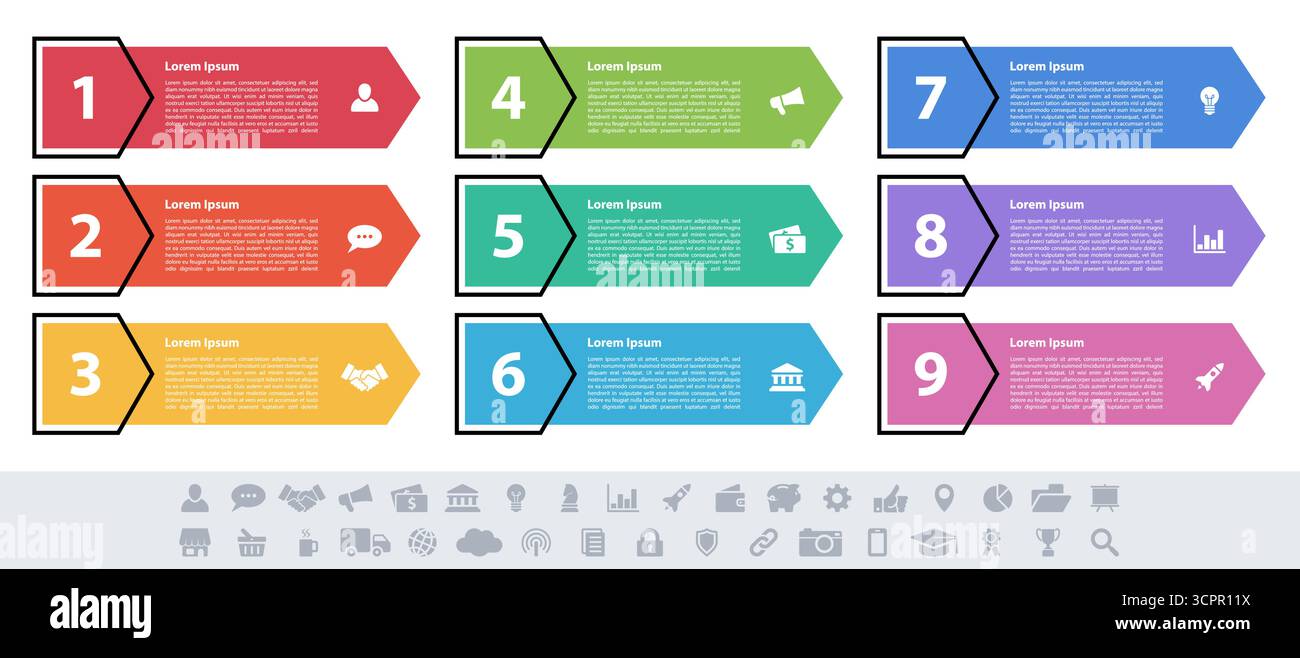 Infografik design Business Konzept Vector Illustration mit 9 Schritte und Optionen oder Prozesse, Arbeitsabläufe oder Schaltplan Stock Vektor