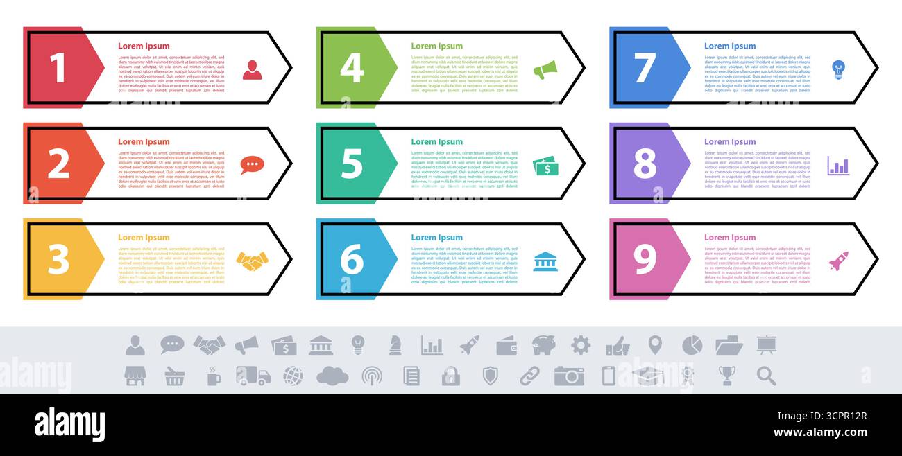 Infografik design Business Konzept Vector Illustration mit 9 Schritte und Optionen oder Prozesse, Arbeitsabläufe oder Schaltplan Stock Vektor