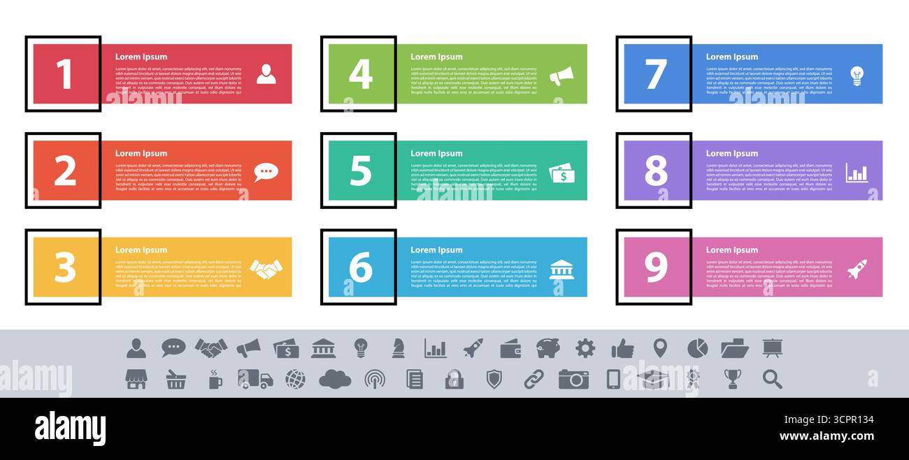 Infografik design Business Konzept Vector Illustration mit 9 Schritte und Optionen oder Prozesse, Arbeitsabläufe oder Schaltplan Stock Vektor