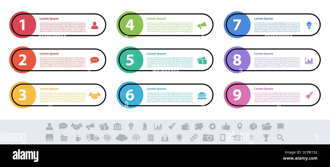 Infografik design Business Konzept Vector Illustration mit 9 Schritte und Optionen oder Prozesse, Arbeitsabläufe oder Schaltplan Stock Vektor
