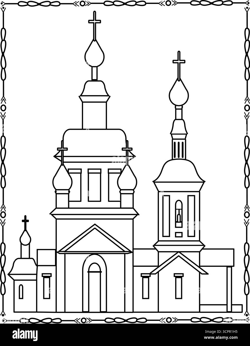 Cone da igreja em estilo de contorno. Ilustração vetorial com igreja detalizada. Objeto de arquitetura e religião. Stock Vektor