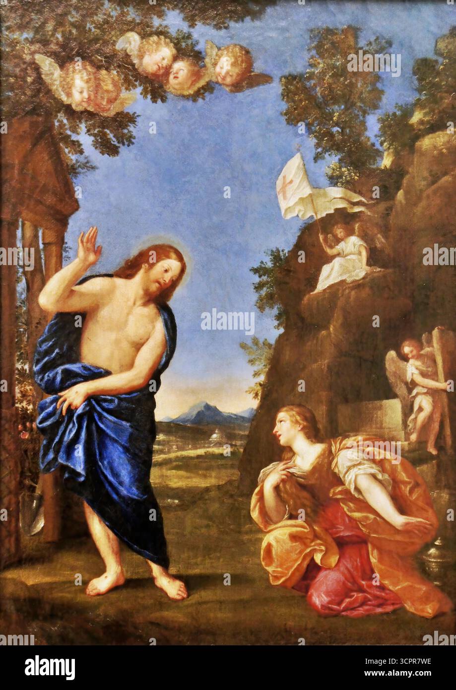 Francesco Albani, Noli me tangere (um 1645), barocke Szene des auferstandenen Christus und der knienden Maria Magdalena mit Gartenanlage. Stock Vektor