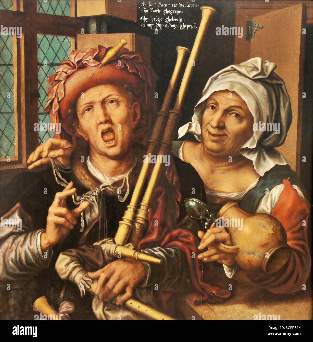 Pieter Huys, der Dudelsack-Spieler und die alte Frau (1571), die flämische Renaissance-Genre-Szene. Stock Vektor