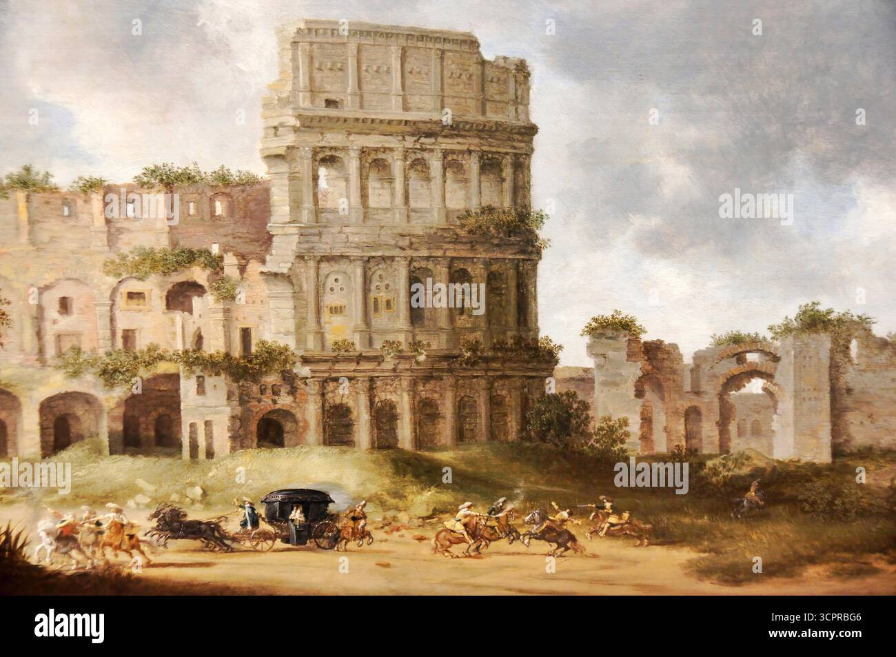 Pieter Saenredam, das Kolosseum in Rom mit einem Angriff auf eine Kutsche (1631), Öl auf Platte der römischen Ruine mit Kutschenüberfall. Stock Vektor