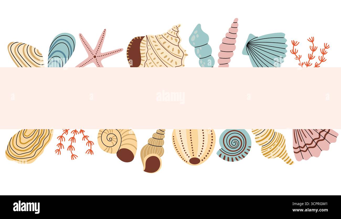 Muschelrand in niedlichen Pastellfarben für Einladungen oder Grußkarten mit leerem Platz. Reisen, Urlaubsthema im flachen Cartoon-Stil Stock Vektor