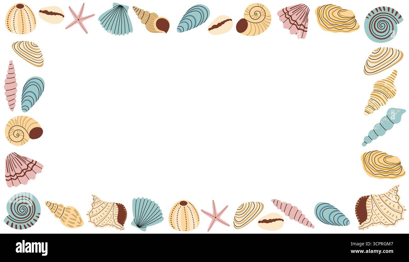 Niedlicher rechteckiger Rahmen in Pastellfarben mit Muschel im flachen Cartoon-Stil. Perfektes handgezeichnetes Clipart für Urlaub, Reise, Meer, Strand, Tourismus, Sommerdekor, gr Stock Vektor