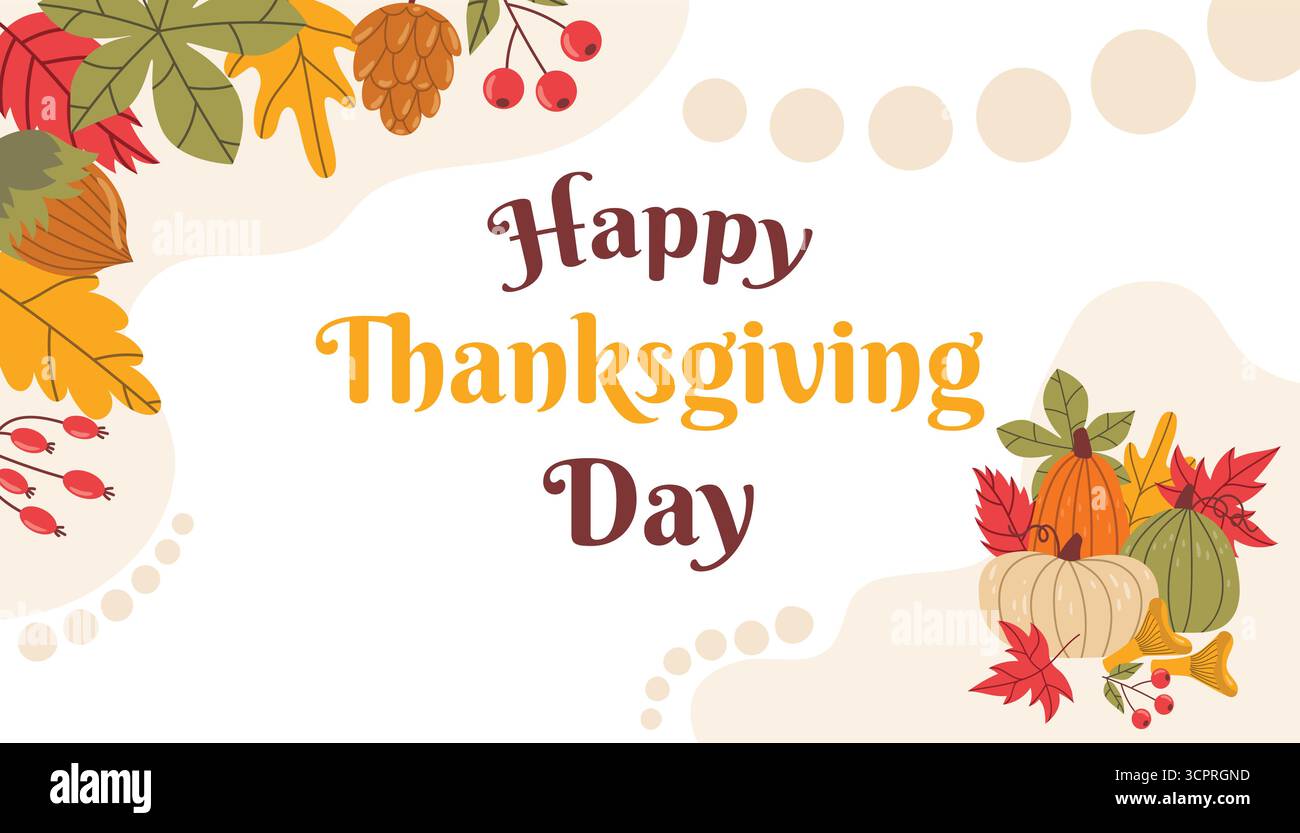Festliche Herbstkarte für Happy Thanksgiving mit dekorativem Bio-Rahmen aus Blättern, Kürbissen, Pilzen und Beeren im flachen Cartoon-Stil. Urlaub har Stock Vektor