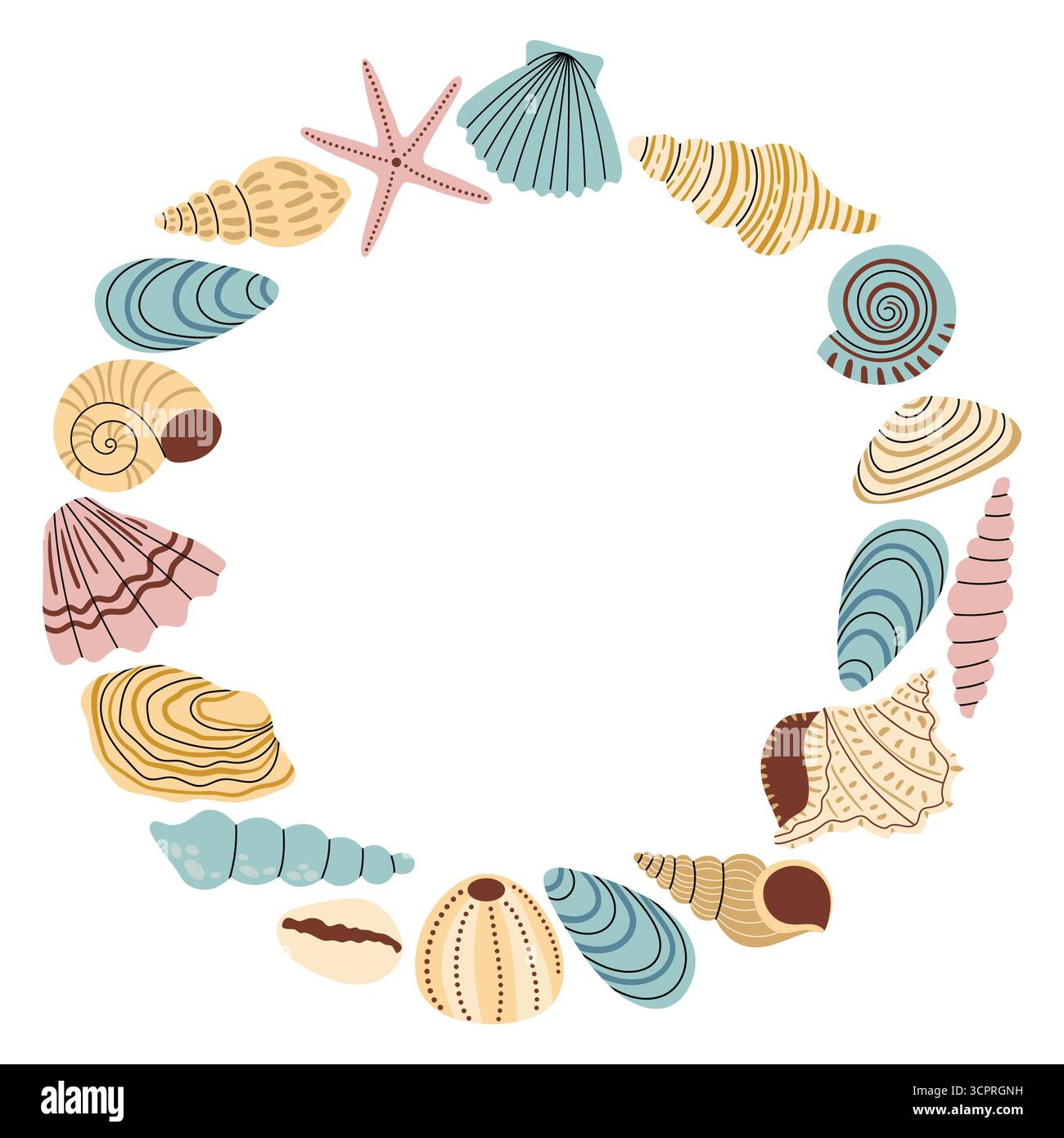 Runder Rahmen mit Muscheln in niedlichem Pastellton, Reise- und Urlaubsthema in flachem Cartoon-Stil. Handgezeichnetes Clipart für Sommerdesign, Tourismus, tr Stock Vektor