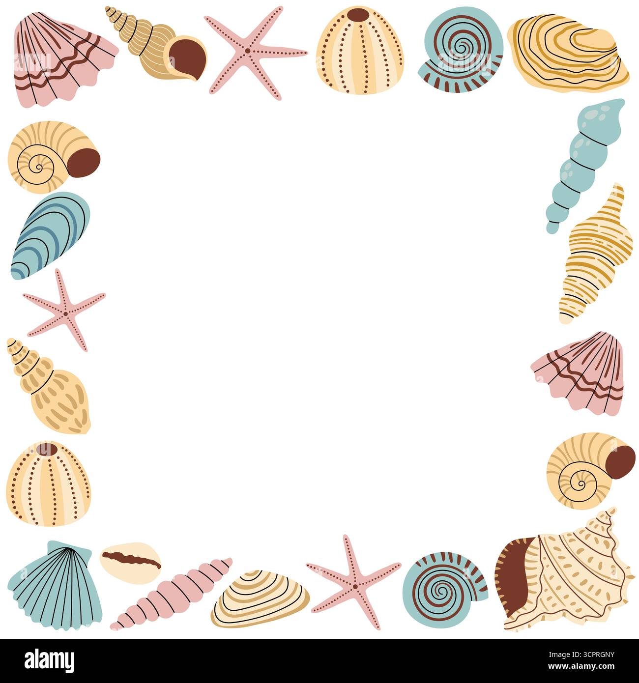 Quadratischer Rahmen mit Muscheln in niedlichem Pastellton, Reise- und Urlaubsthema in flachem Cartoon-Stil. Handgezeichnetes Clipart für Sommerdesign, Tourismus, t Stock Vektor