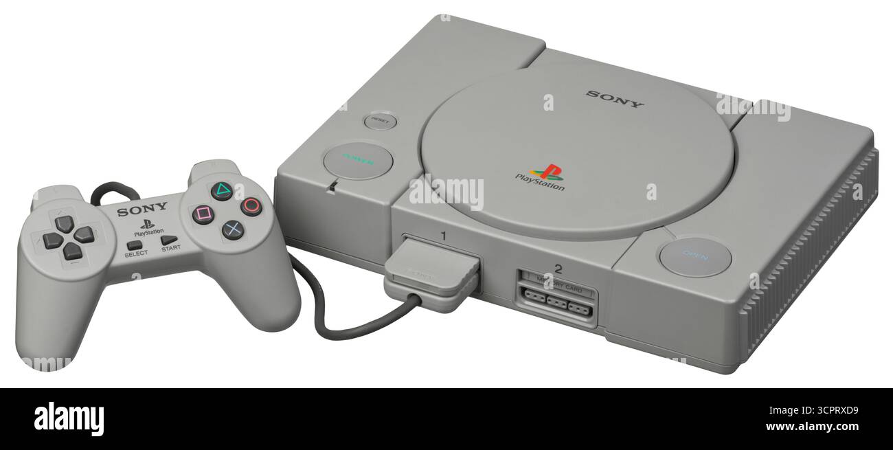 1994 Japanisches SCPH-1000, das erste PlayStation-Modell, das kommerziell veröffentlicht wurde. Sony PlayStation One PS1 PSX-Konsole mit Controller Stockfoto