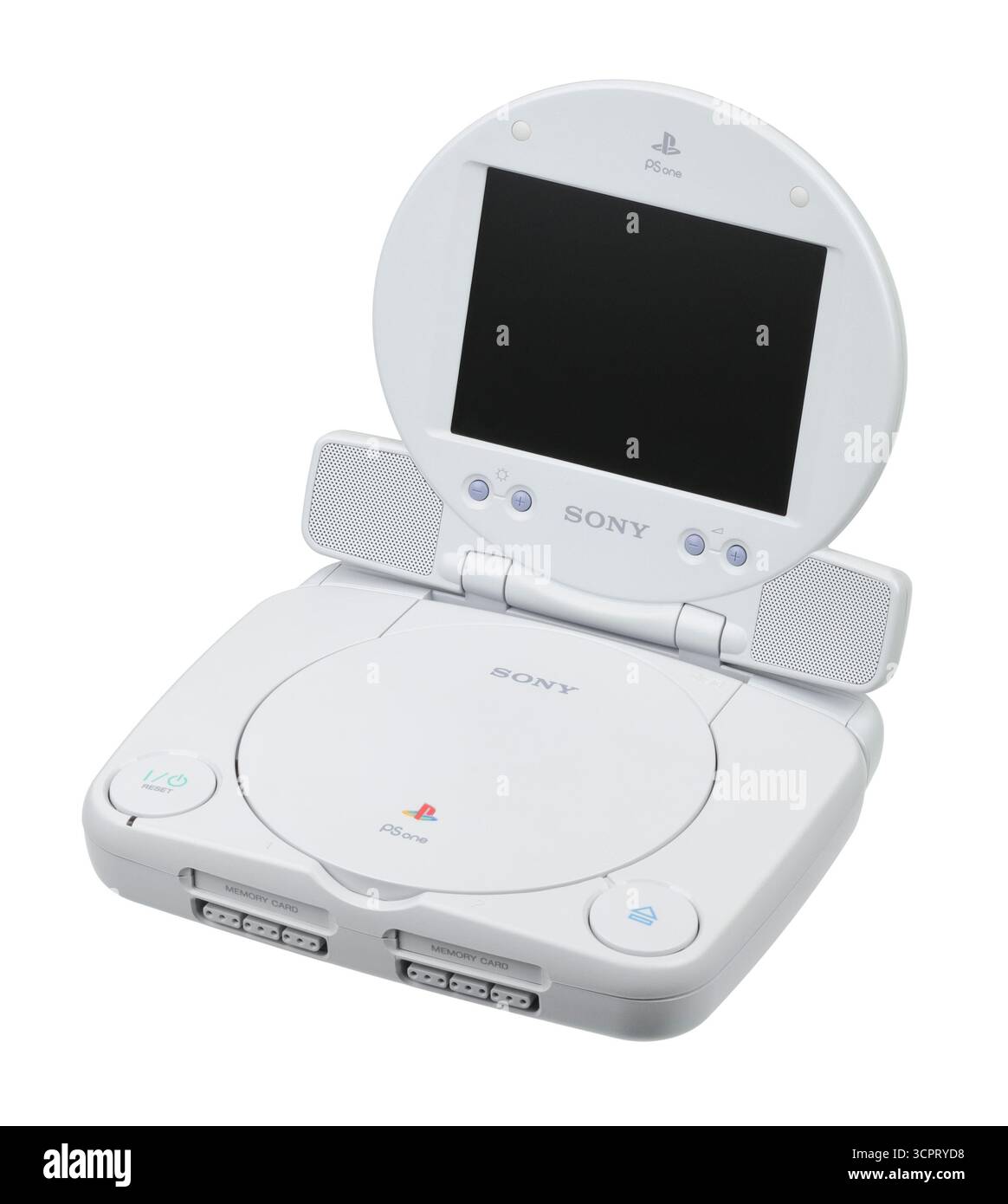 2000 PS One, PSone-Modell der Sony PlayStation -Videospielkonsole. Geöffnet, LCD-Bildschirm Stockfoto