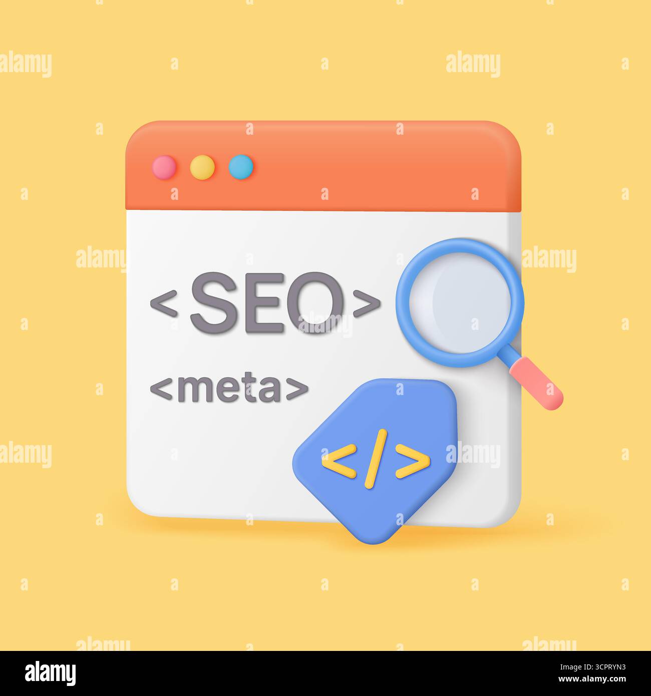 Modernes Browserfenster im 3D-Stil mit SEO- und Meta-Tags, Lupe und Codesymbol, perfekt für digitales Marketing, Webentwicklung und Vektorillustration zur Suchoptimierung Stock Vektor