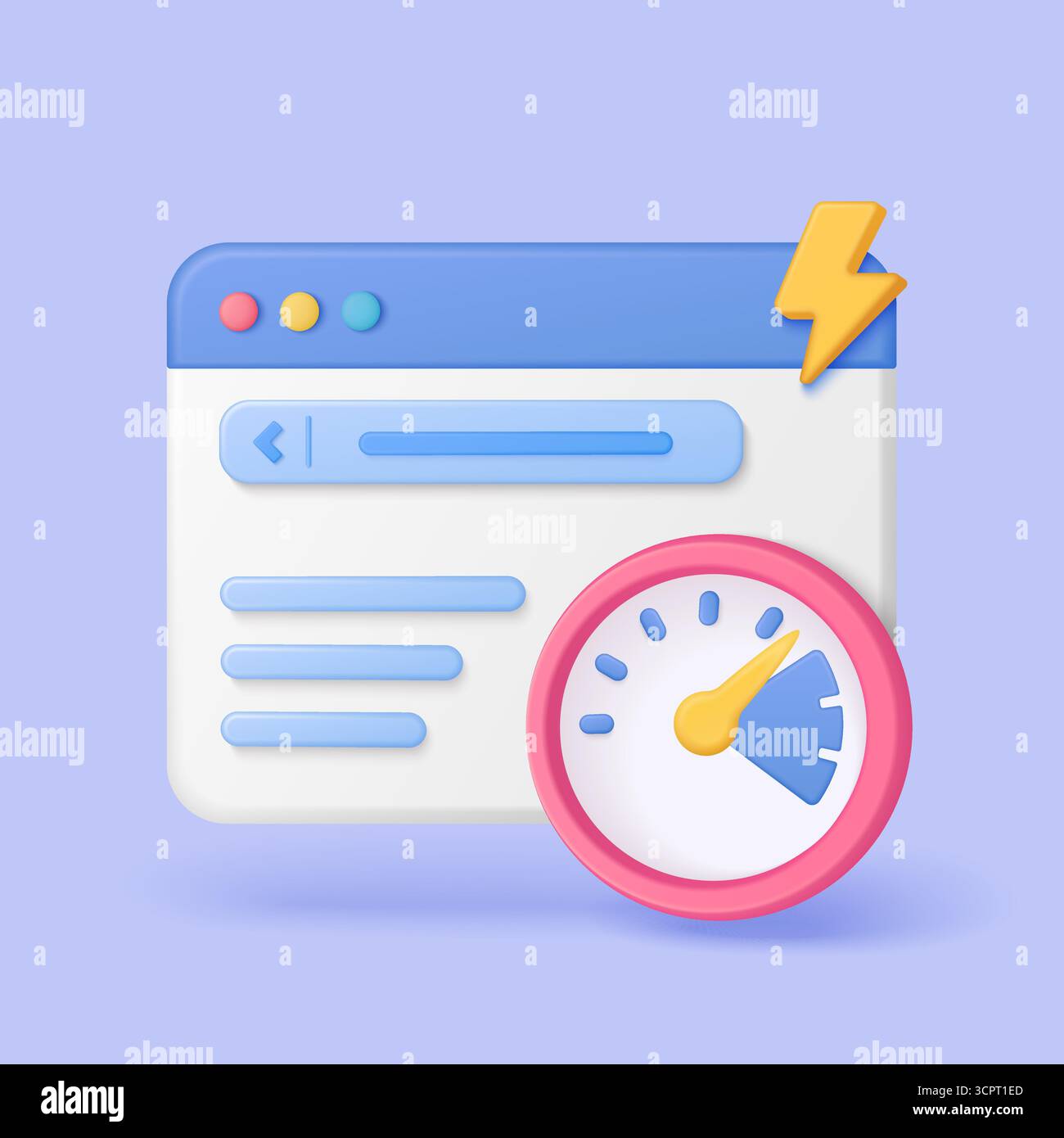 Webbrowserfenster mit Tachometer und Blitzschlag symbolisieren schnelles Laden von Websites, digitale Leistung und Optimierung auf violettem Hintergrund, perfekt für SEO-Themen Vektorillustration Stock Vektor
