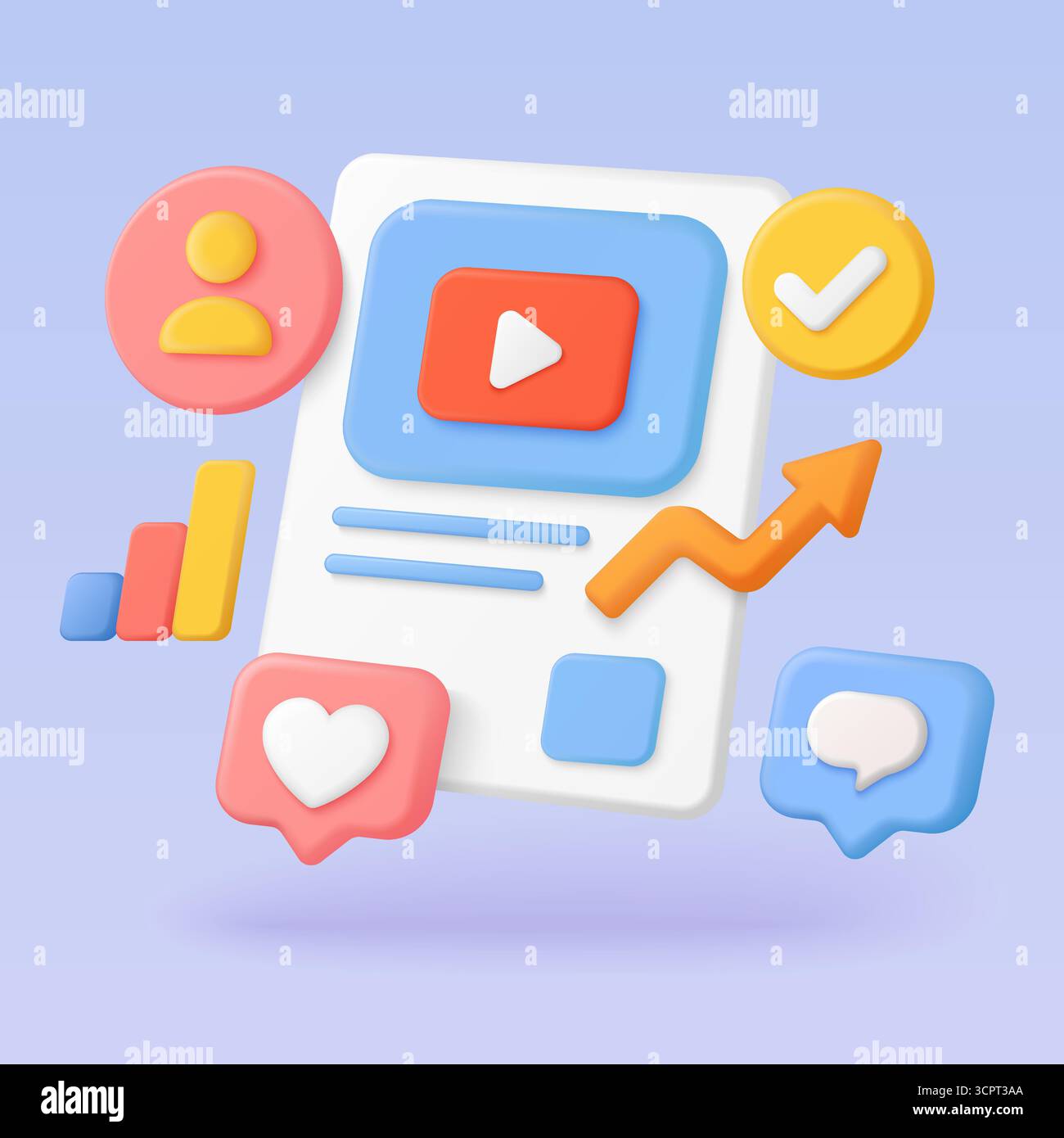 Video-Post im 3D-Stil mit Wiedergabetaste, Benutzersymbol, Herz, Chat, Häkchen, und Wachstumspfeil für Social-Media-Marketing, -Interaktion und -Analyse-Vektorillustration. Stock Vektor