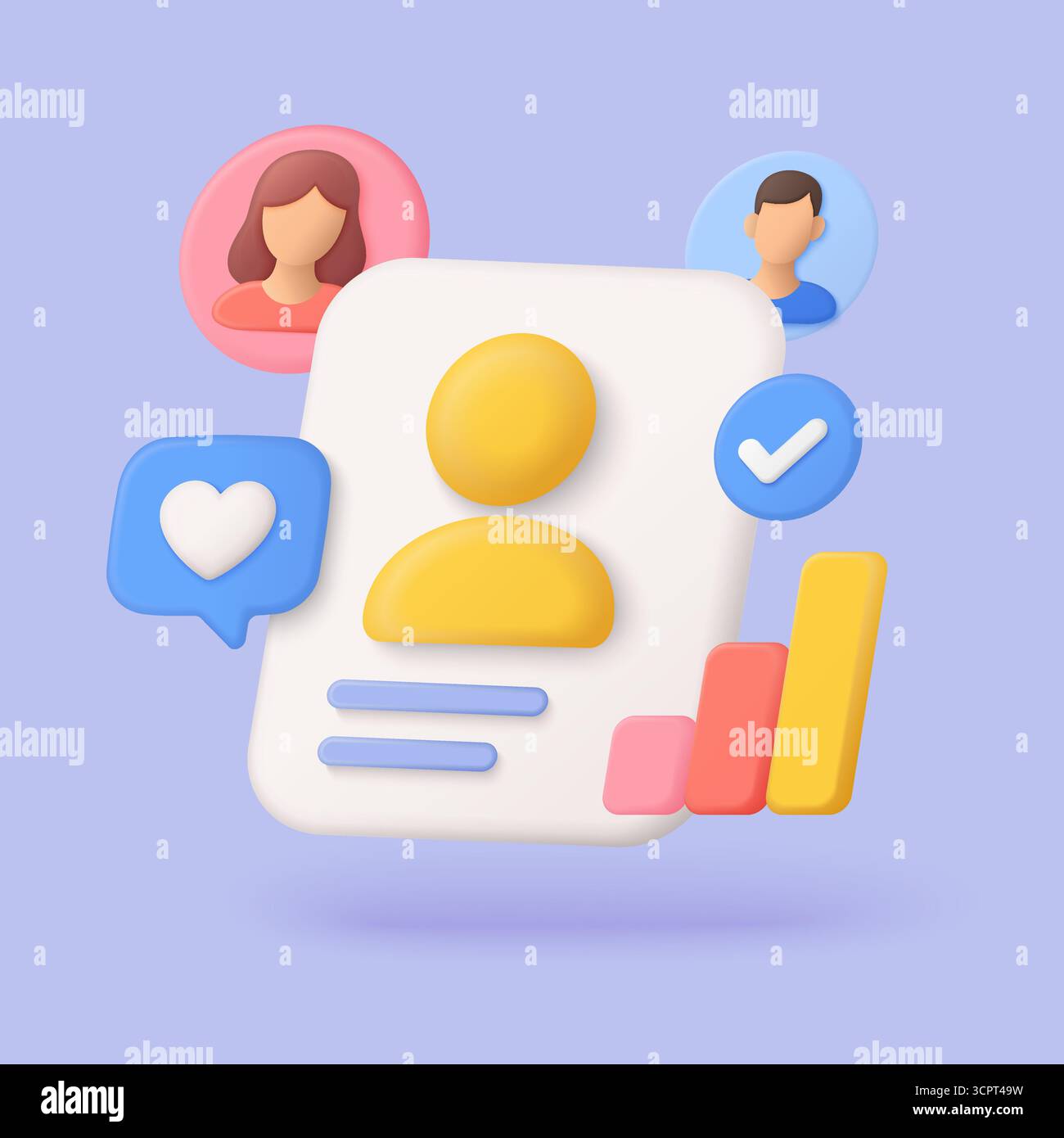 Profilanalysen, Benutzerinteraktionen und Publikumsinteraktionen werden in einem modernen 3D-Stil für Social-Media-Marketing, Kommunikation und digitale Kommunikation visualisiert Stock Vektor