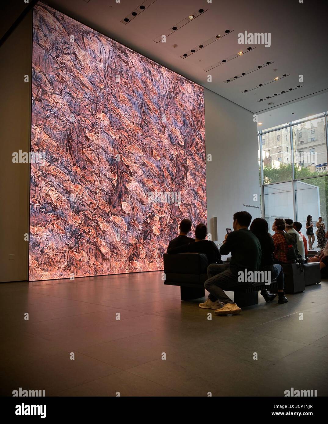 Digitale Kunstinstallation in der zeitgenössischen Galerie mit Sitzplätzen und abstraktem geologischem Design Stockfoto