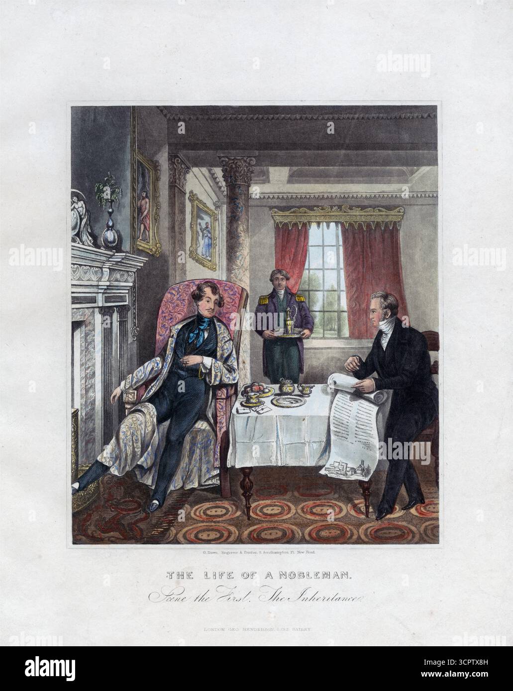 Das Erbe von George Dawe 1825, aus dem Leben eines Adligen ein farbiges Kunstwerk, antike Druckätzung aus dem 19. Jahrhundert Stockfoto