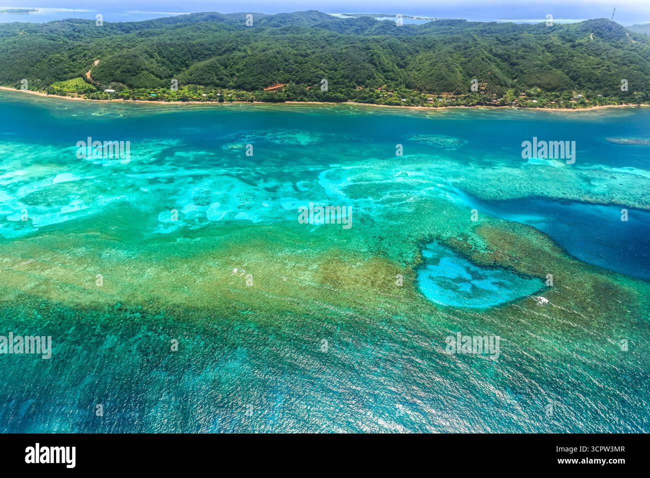 Ein Blick aus der Vogelperspektive auf eine tropische Insel mit üppiger grüner Vegetation und einem lebendigen Korallenriffsystem, das die natürliche Schönheit und Artenvielfalt des Meeresökosystems zeigt. Stockfoto