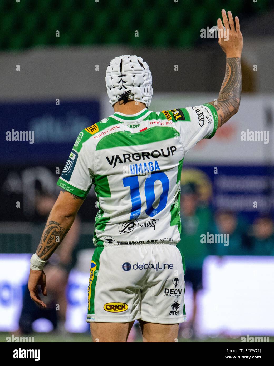 Galway, Republik Irland. September 2025. Jacob Umaga von Benetton Rugby während des Spiels der United Rugby Championship Runde 1 zwischen Connacht Rugby und Benetton Rugby im Dexcom Stadium in Galway, Irland am 27. September 2025 (Foto: Andrew SURMA/ Credit: SIPA USA/Alamy Live News Stockfoto