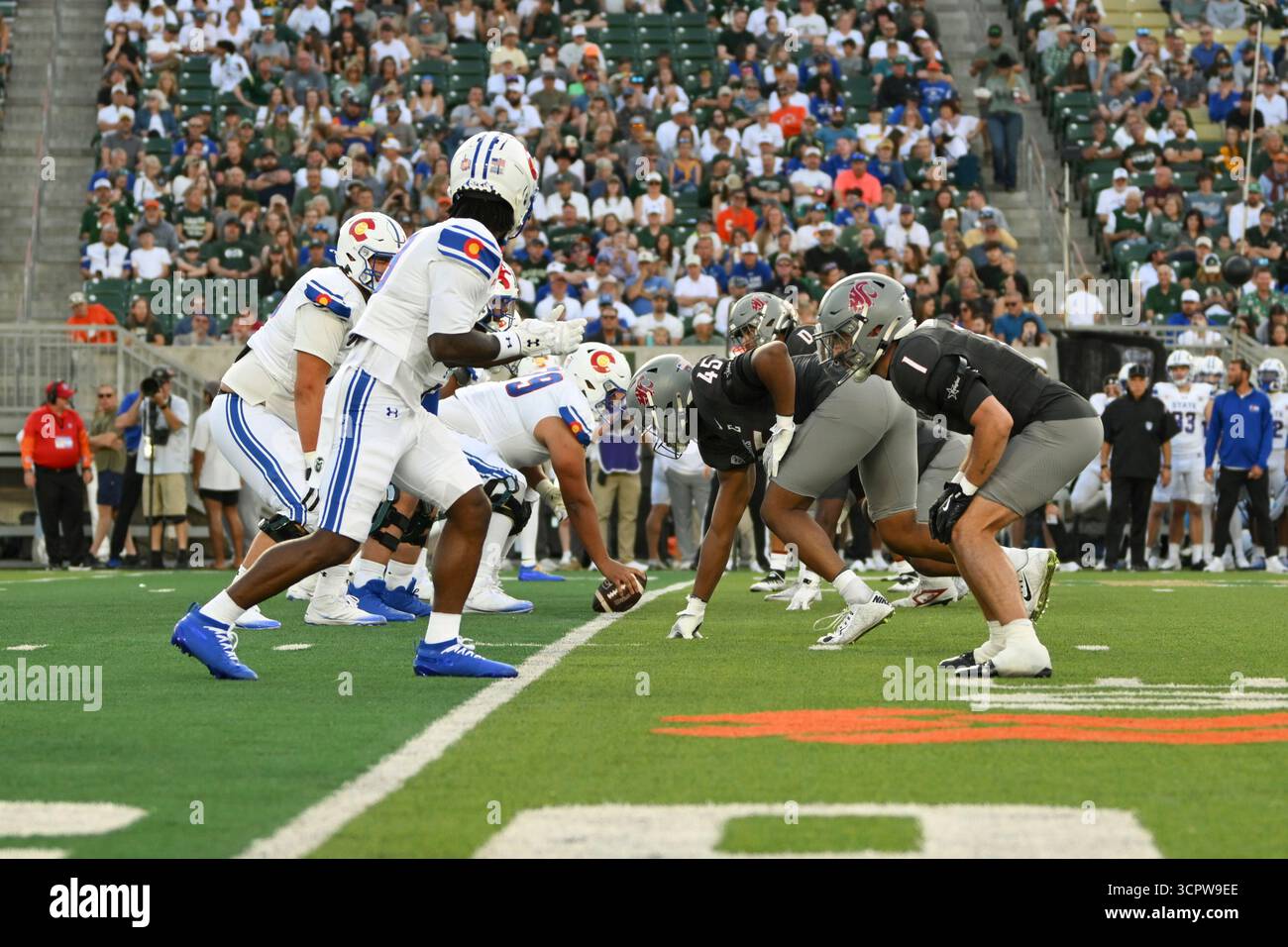 Fort Collins, CO, USA. September 2025. Die Washington State Defense stellt sich während des College-Footballspiels zwischen den Washington State Cougars und den Colorado State Rams im Sonny Lubick Field im Canvas Stadium in Fort Collins, CO. (Foto: Kevin Langley/Sports South Media) auf. Quelle: csm/Alamy Live News Stockfoto