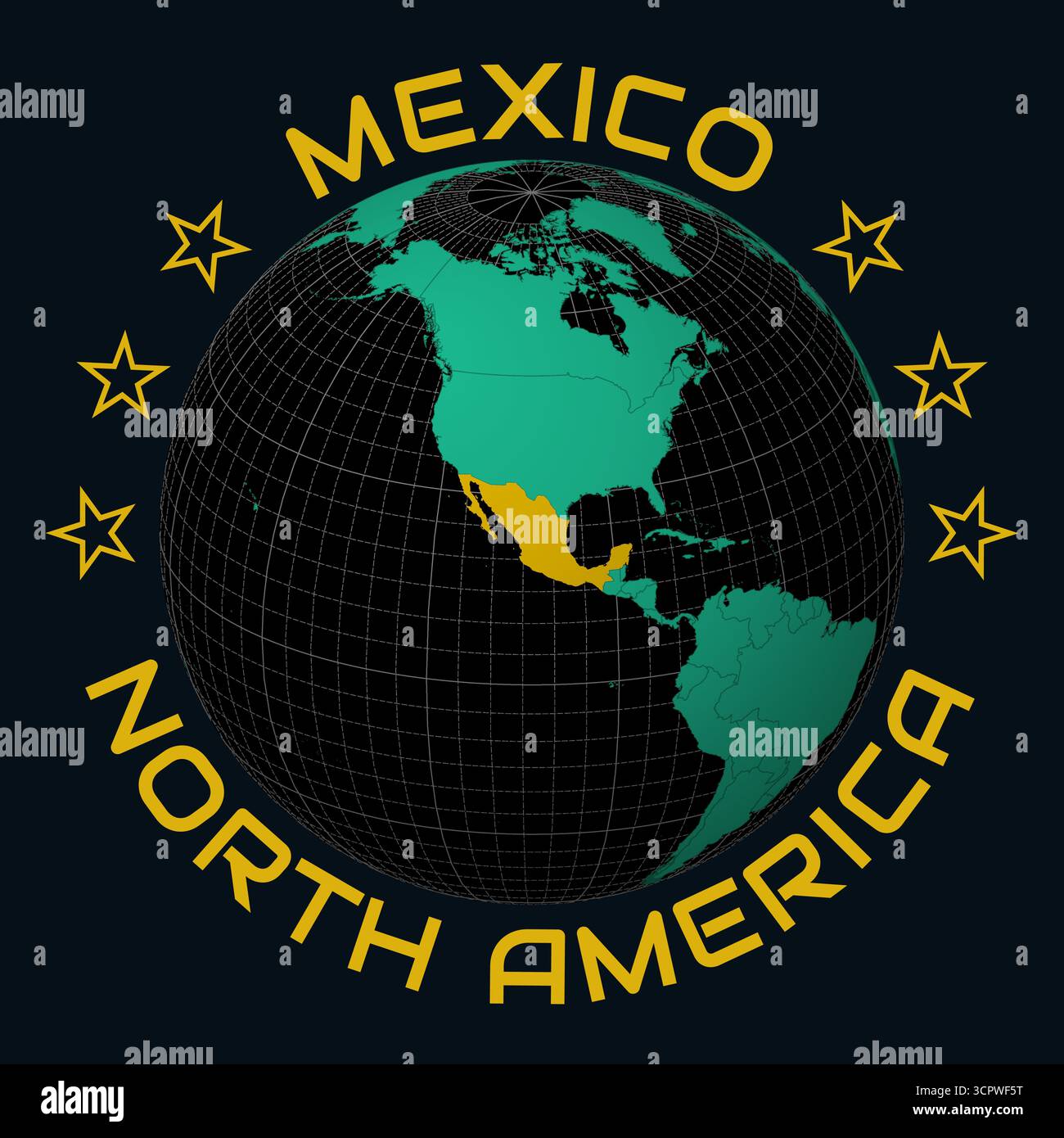 Die Vereinigten Mexikanischen Staaten auf Globe. Runder Text für Land und Kontinent. Länderansicht auf Weltkarte in der Farbpalette Black Emerald. Mexiko-Form auf der Karte. Stock Vektor