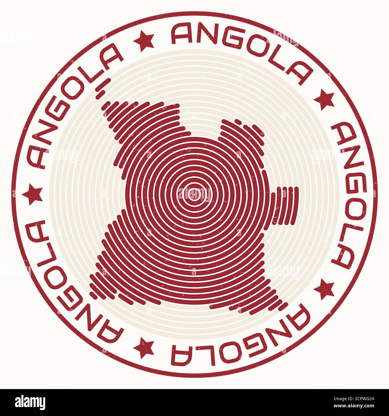 Angola Karte mit rundem Titel. Ländliche Ringe. Angolanischer Text um die Landesgrenze. Moderne Vektorillustration. Stock Vektor